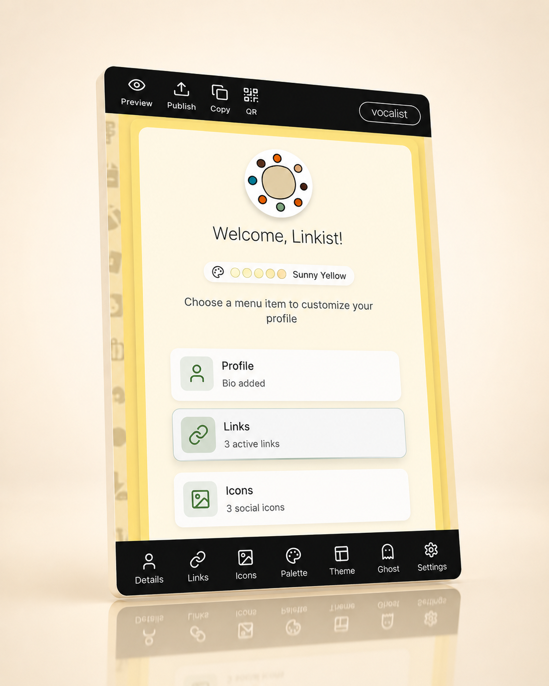 Linkist dashboard for building a custom link in bio page