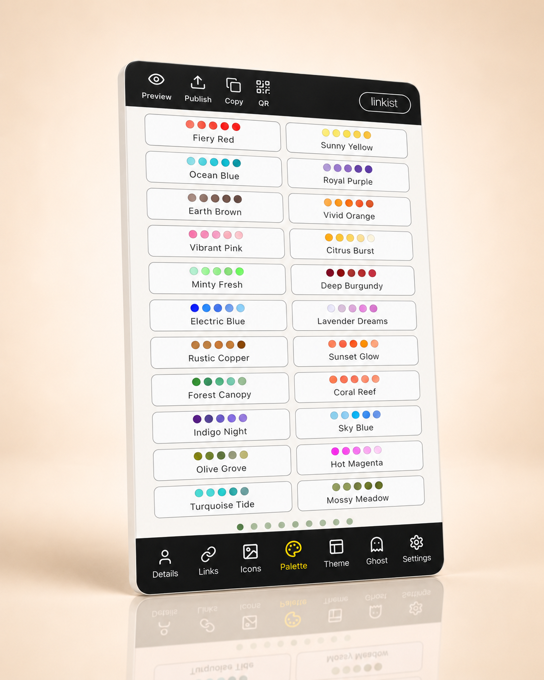Linkist color palettes for a customizable link in bio