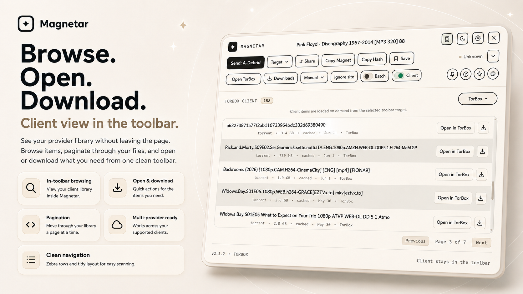 Magnetar Client view showing provider items, open buttons, downloads and pagination.