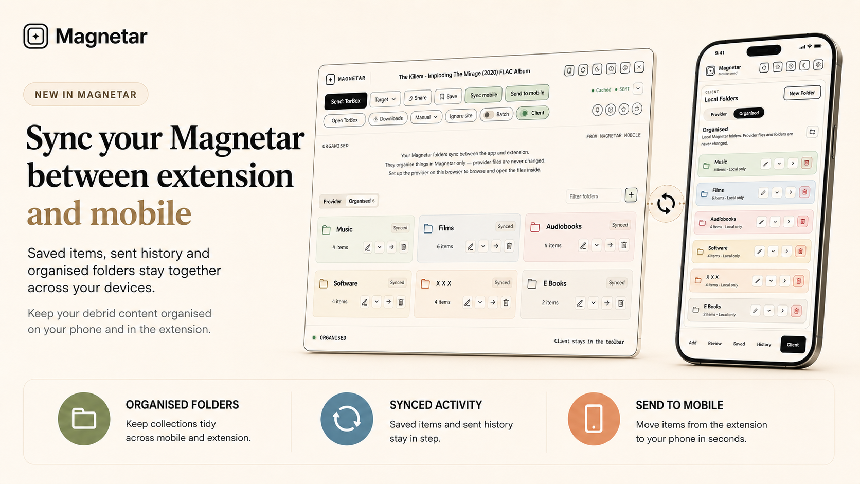 Magnetar Sync showing organised folders between the browser extension and Magnetar Mobile