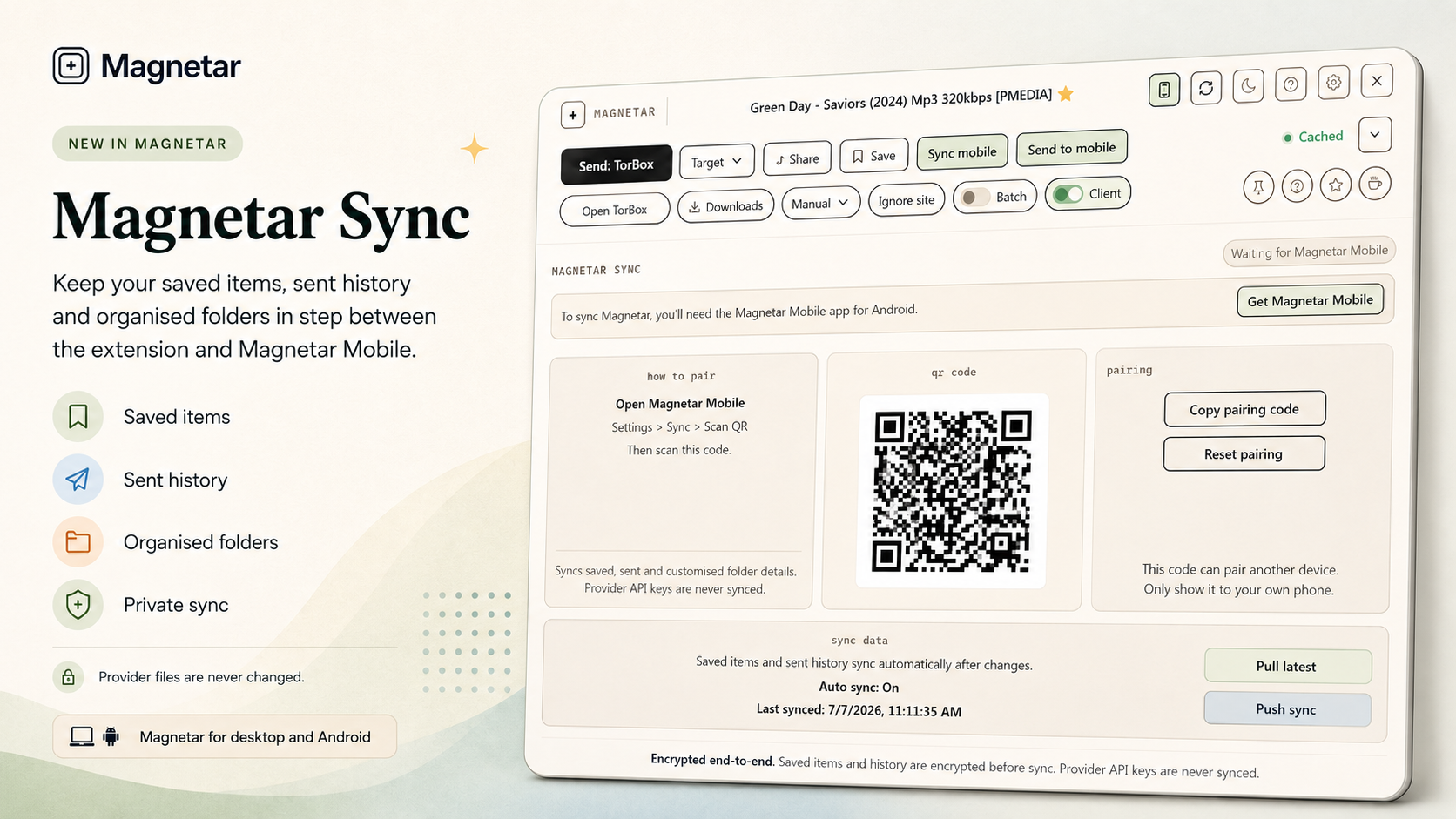 Magnetar Sync panel showing saved items, sent history and organised folder sync