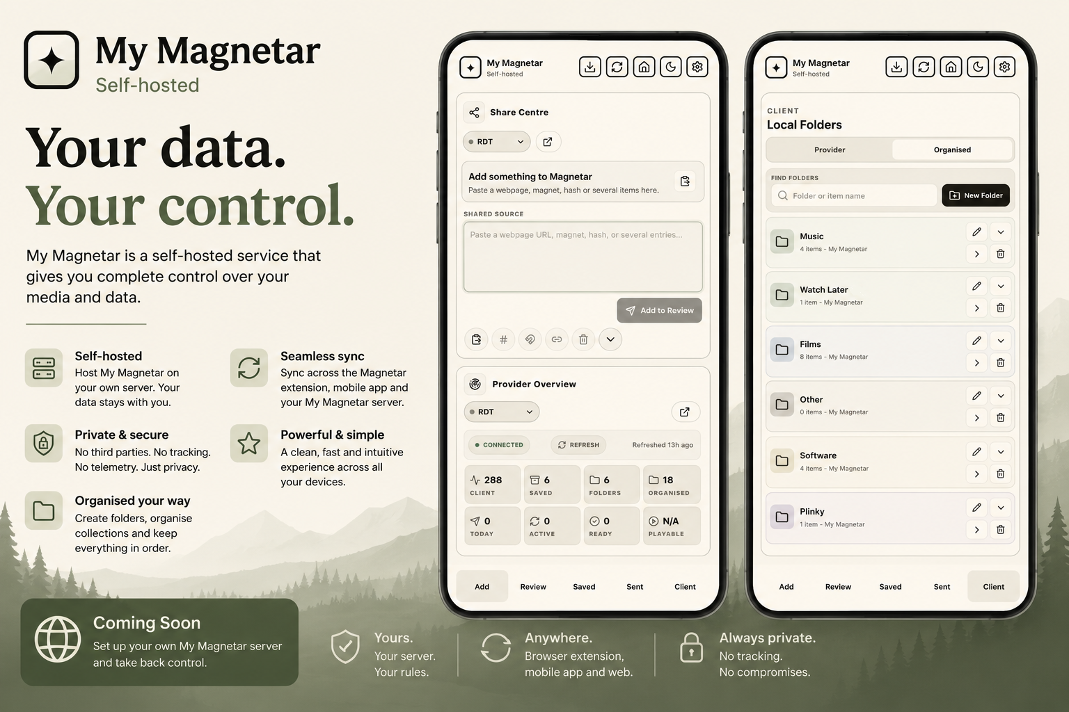 Promotional overview of My Magnetar with its self-hosted features and browser interface