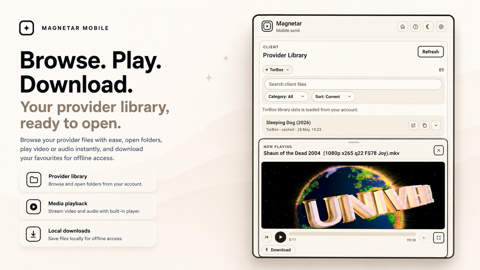 Magnetar Mobile Client screen showing media playback and provider library browsing