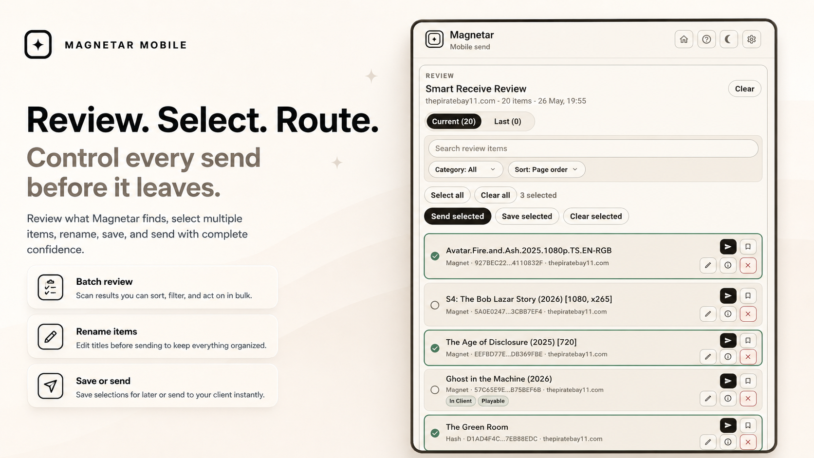 Magnetar Mobile Review screen showing found items before sending