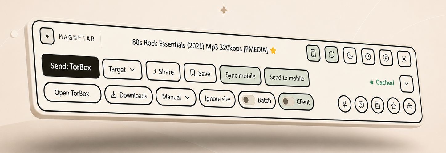 Magnetar toolbar showing send, target, copy, batch, status, expand, pin, support and help controls