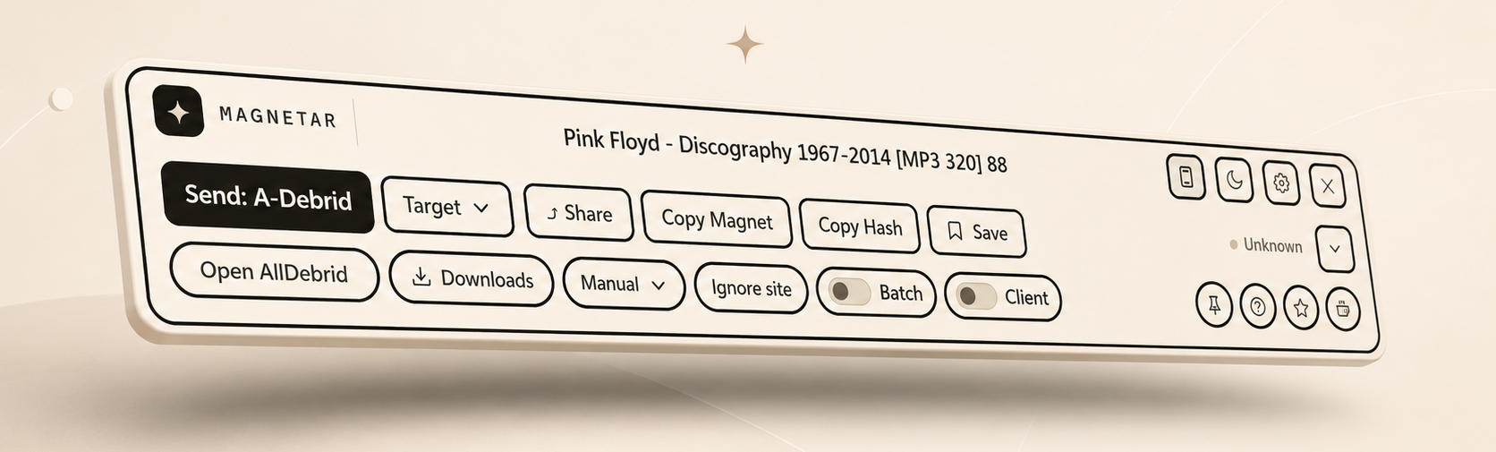 Magnetar toolbar showing send, target, copy, batch, status, expand, pin, support and help controls